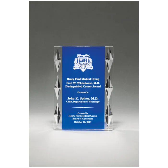 Freestanding Acrylic with Blue Background and Carved Jewel Accents
