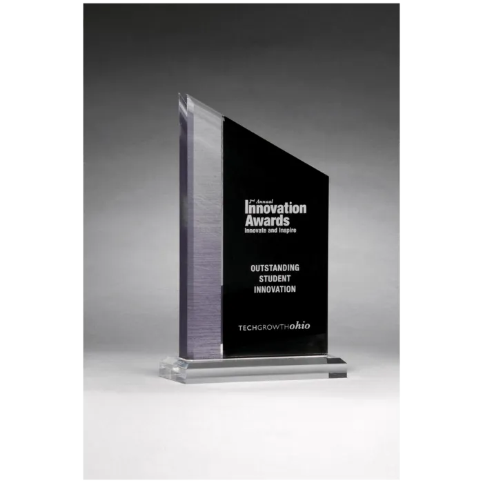 Digitally Printed Brushed Silver Accent on Black Upright Acrylic with Clear Base