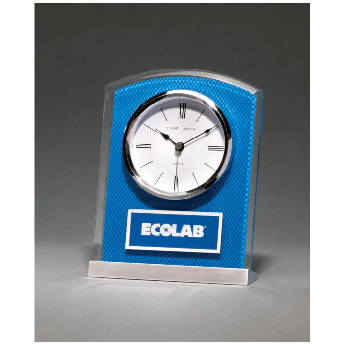 Glass Clock with Blue Carbon Fiber Design on Aluminum Base and Laser Engravable Plate