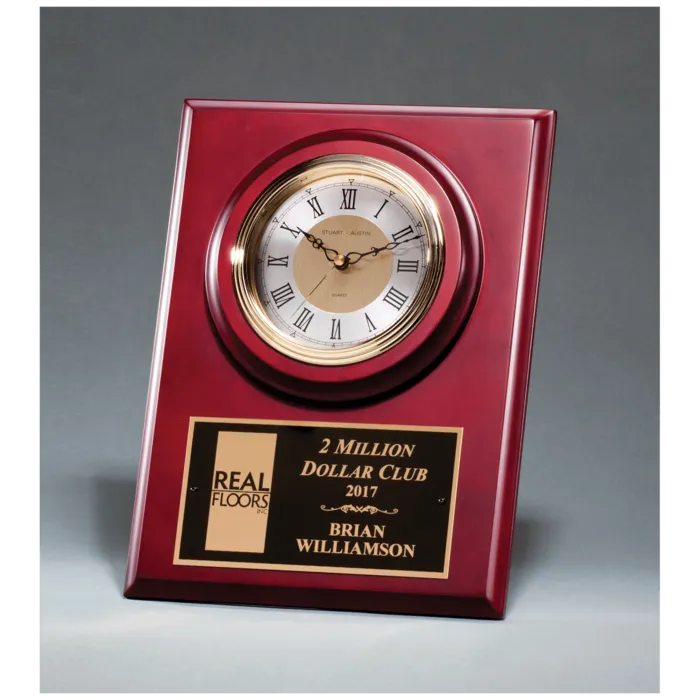 Cherry Finish Clock with 3 Hand Movement, Shelf Stand or Wall Mount with Black Laserable Plate