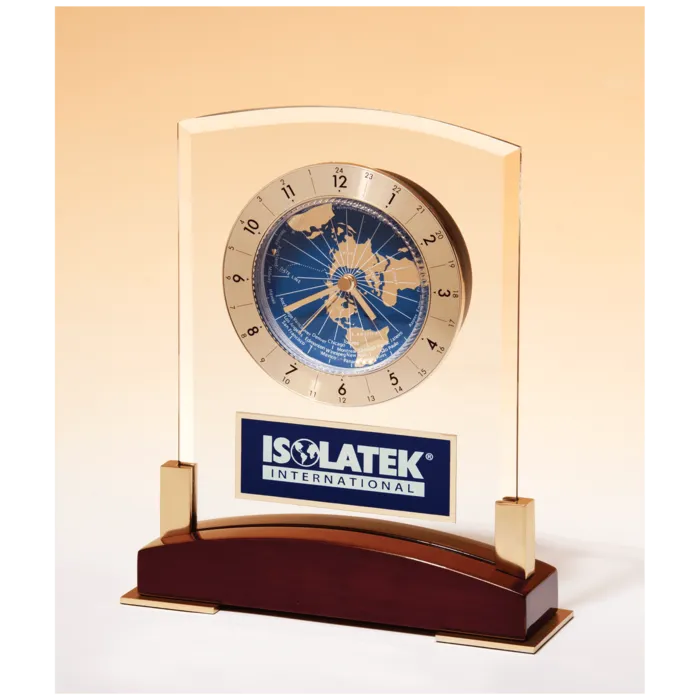 Glass Clock with World Time Dial on Piano Finish Base, Blue Aluminm Plate