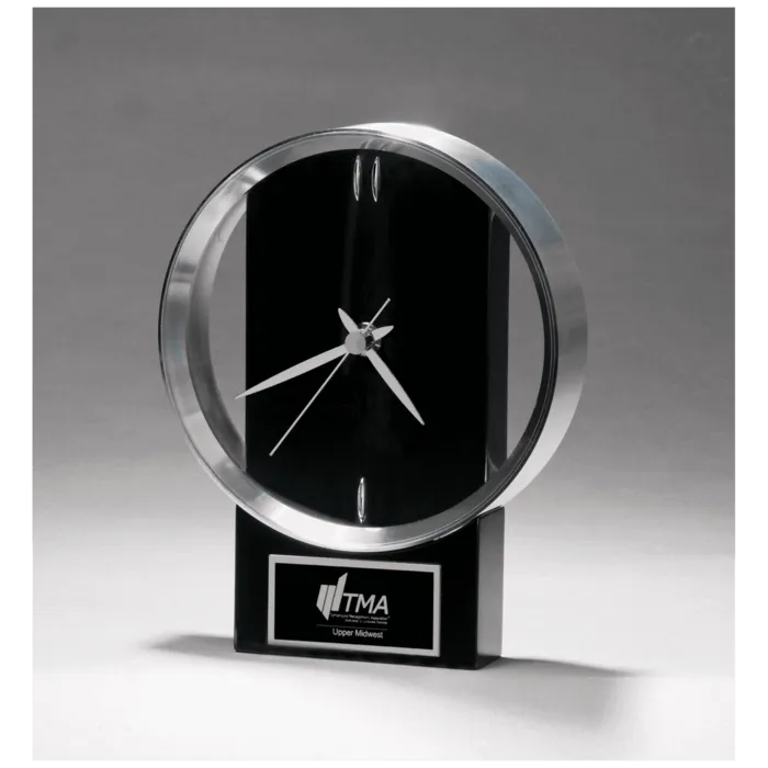 Modern Design Clock with Brushed Silver Bezel, Black High Gloss Base, Black Plate