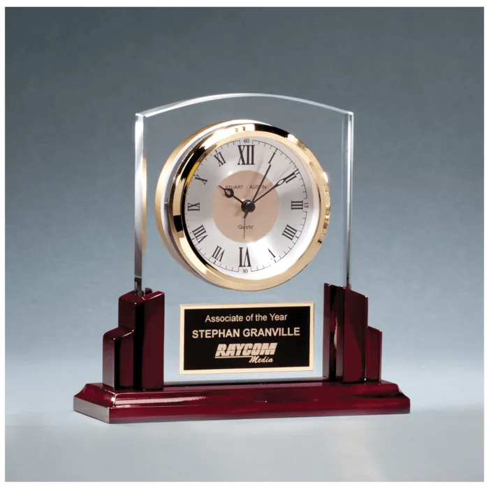 Glass Clock with Rosewood High Gloss Base, Black Aluminum Plate