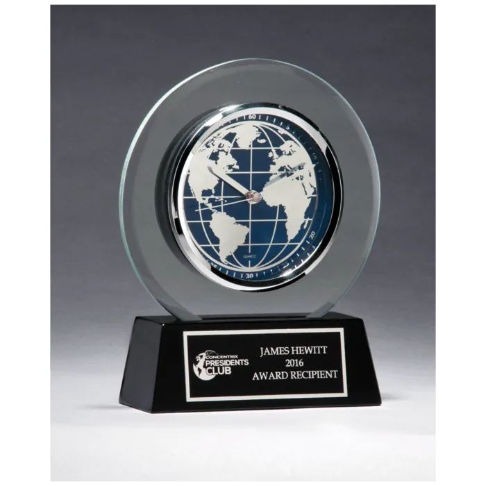 Glass Clock with World Dial on Black High Gloss Base, Black Plate