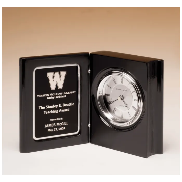 Black Piano Finish Book Clock with Diamond Spun Dial, 3 Hand Movement, Black Plate