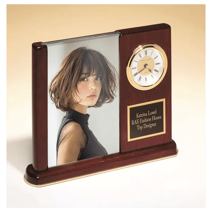 Rosewood Piano Finish Clock with Glass Picture Frame/Black Plate