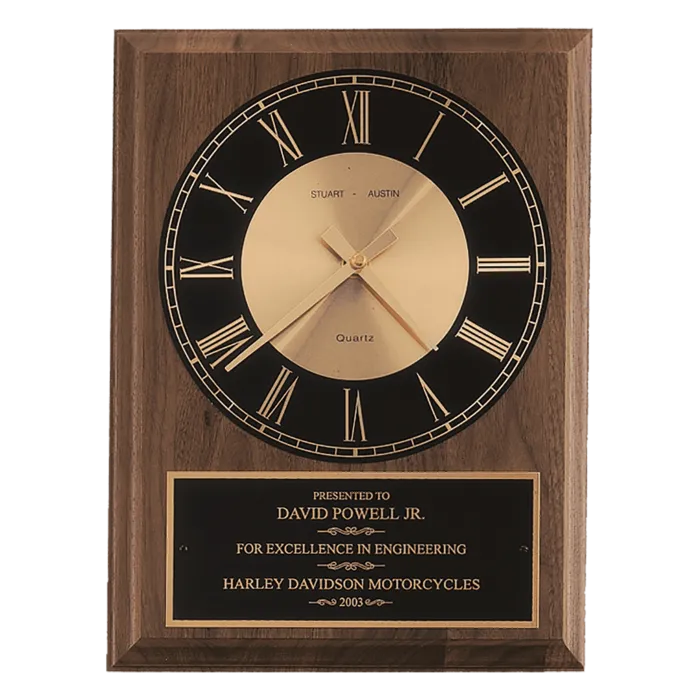 American Walnut Round Face Quartz Clock with Black Plate