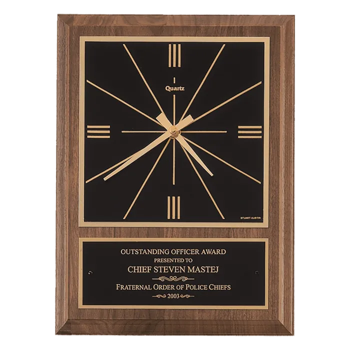 American Walnut Square Face Quartz Clock with Black Plate