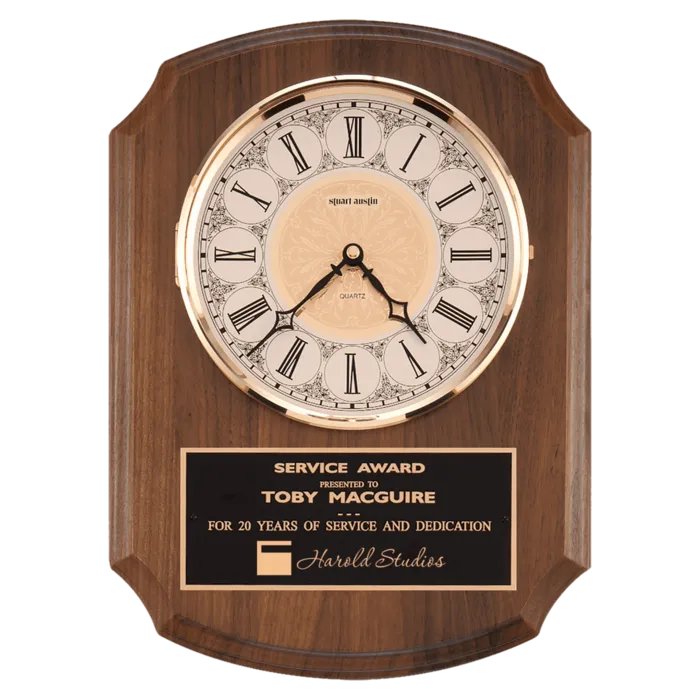 Walnut Quartz Clock, Brass Diamond Spun Bezel, Glass Lens, Ivory Dial, Plate