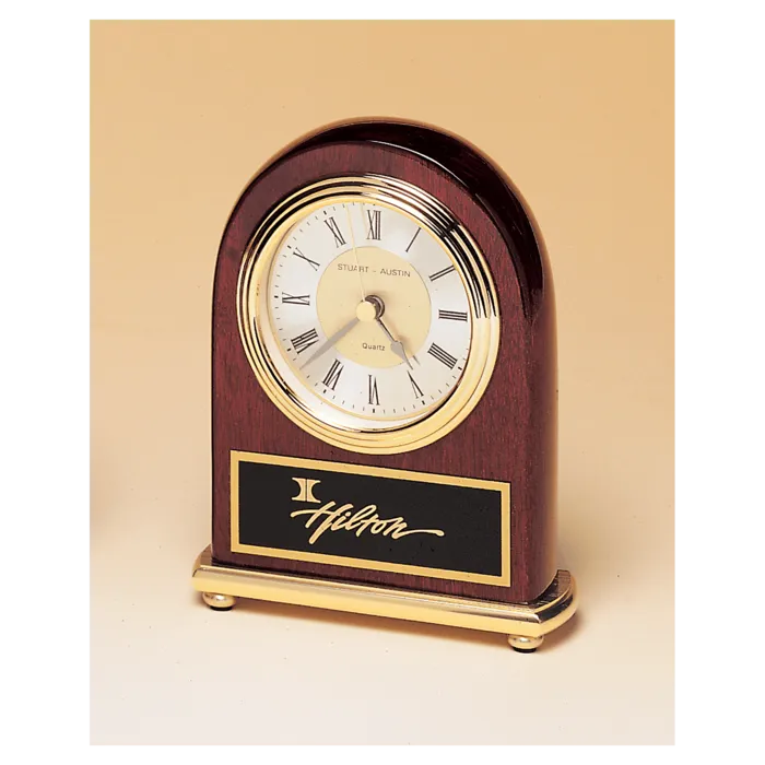 Rosewood Arch Piano Finish Clock, Brass Base, Diamond Spun Dial, 3 Hand Movement with Black Laserable Plate