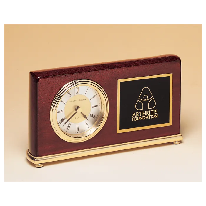 Rosewood Piano Finish Clock, Brass Base, Diamond Spun Dial, 3 Hand Movement with Black Laserable Plate