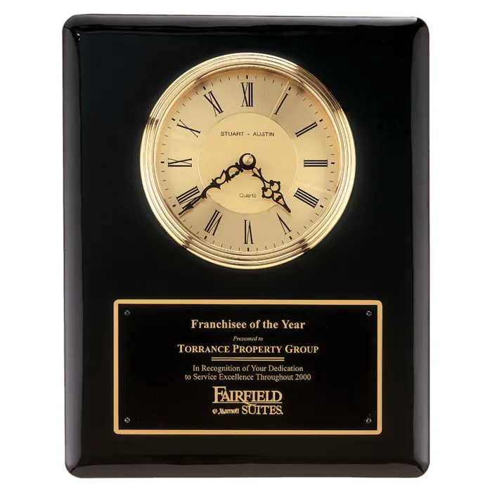 Black Piano Finish Clock, Waterfall Bezel with Glass Lens, Gold Dial, Plate