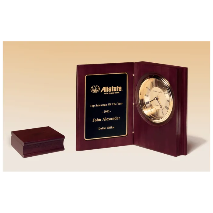 Hand Rubbed Mahogany Finish Book Clock, Diamond Spun Dial, 3 Hand Movement, Black Laserable Plate