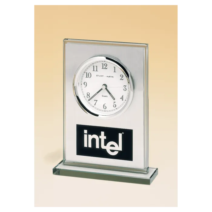 Glass Clock, Brushed Aluminum Panel, White Dial and Black Aluminum Plate