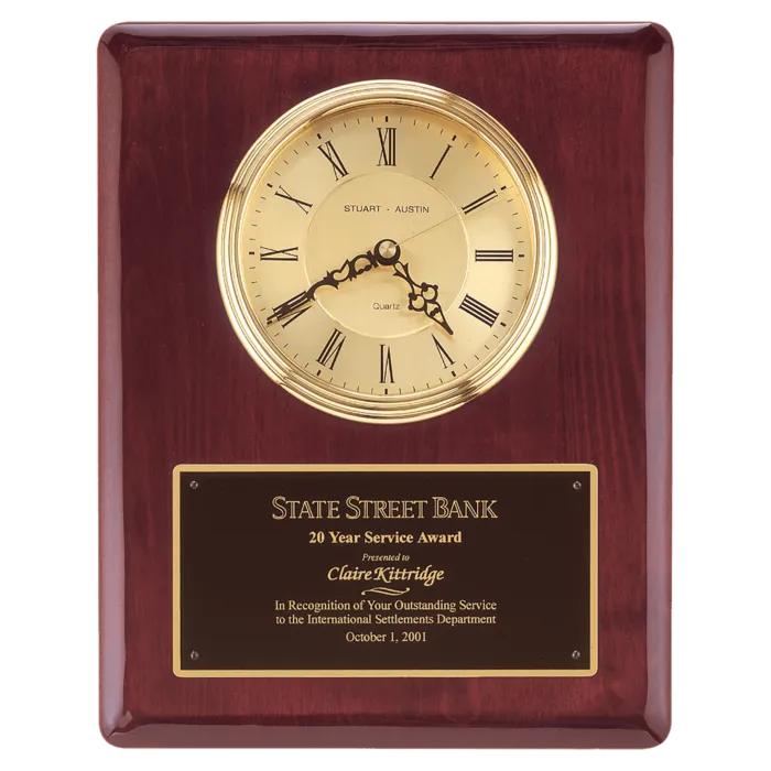 Rosewood Piano Finish Clock, Waterfall Bezel with Glass Lens,Gold Dial, Plate