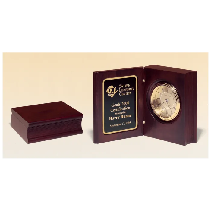 Hand Rubbed Mahogany Finish Book Clock w/Gold Spun Dial, 3 Hand Movement, Plate