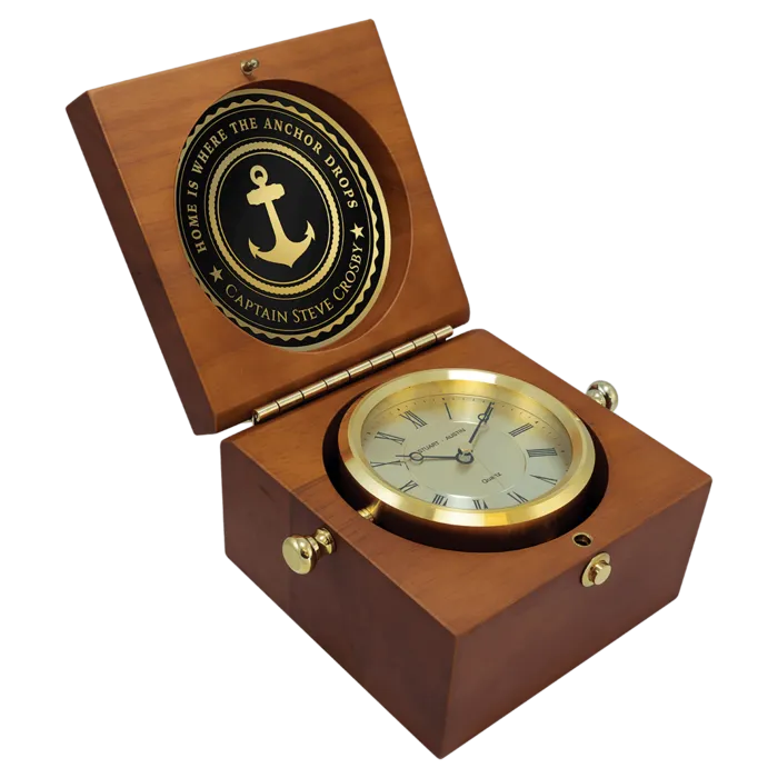 Mahogany Finish Captain's Clock, Brass Clock Housing, 4 1/4" Diameter Brass Disc/Plate