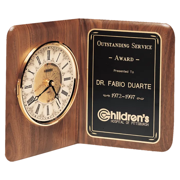 Walnut Quartz Book Clock, Brass Diamond Spun Bezel, Glass Lens, Ivory Dial