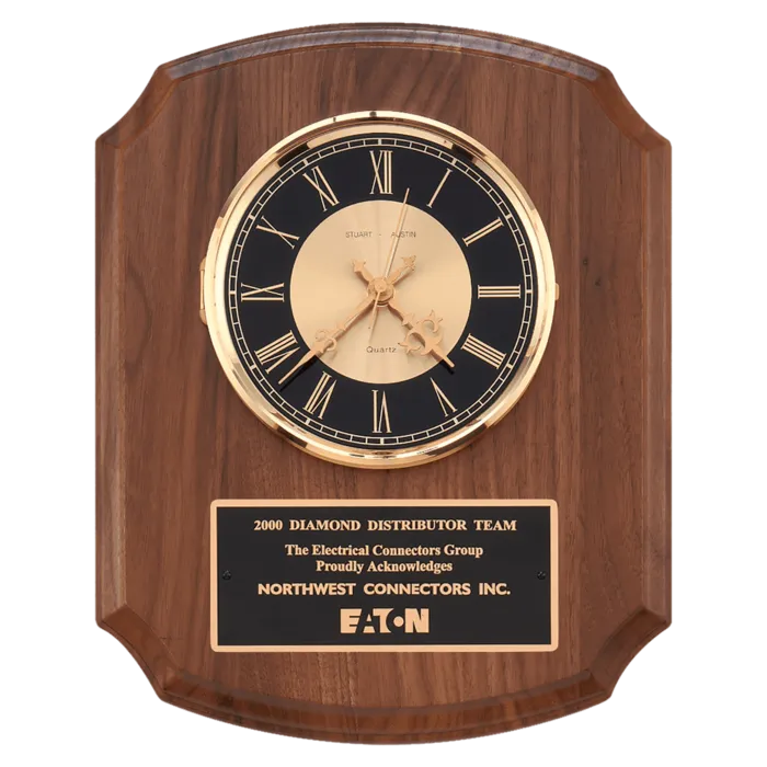 Walnut Quartz Clock, Brass Diamond Spun Bezel, Glass Lens, Black & Gold Dial