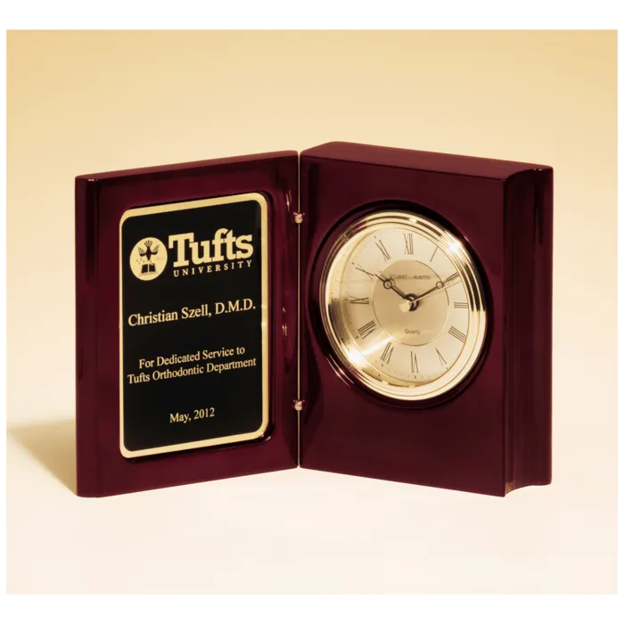 Rosewood Piano Finish Book Clock w/Diamond Spun Dial, 3 Hand Movement, Plate