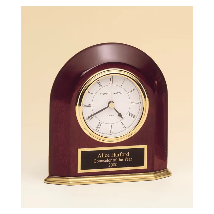 Rosewood Piano Finish Arched Table Clock with Solid Brass Base with Black Plate