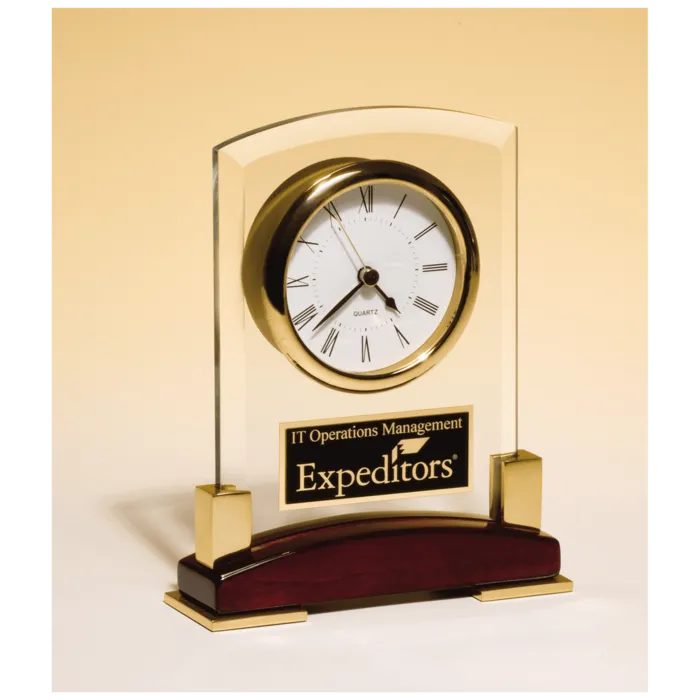 Beveled Glass Desk Clock, Rosewood Piano Finish Base, Gold MetalAccent with Black Plate