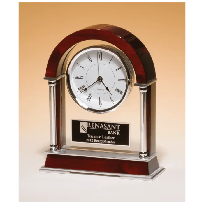 Rosewood Piano Finish Mantle Clock, Chrome Plated Posts, Silver Accents with Black Plate