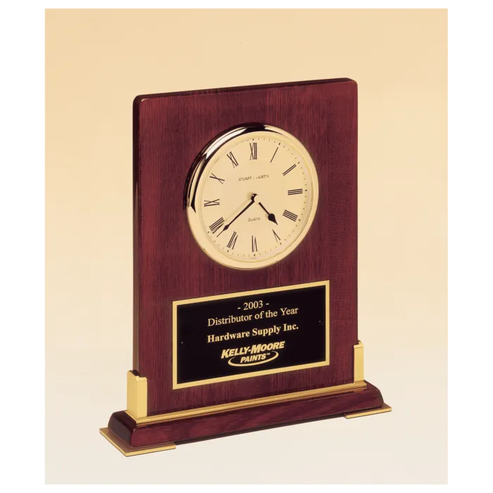 Desktop Clock, Rosewood Piano Finish Wood with Gold Metal Accents with Black Plate