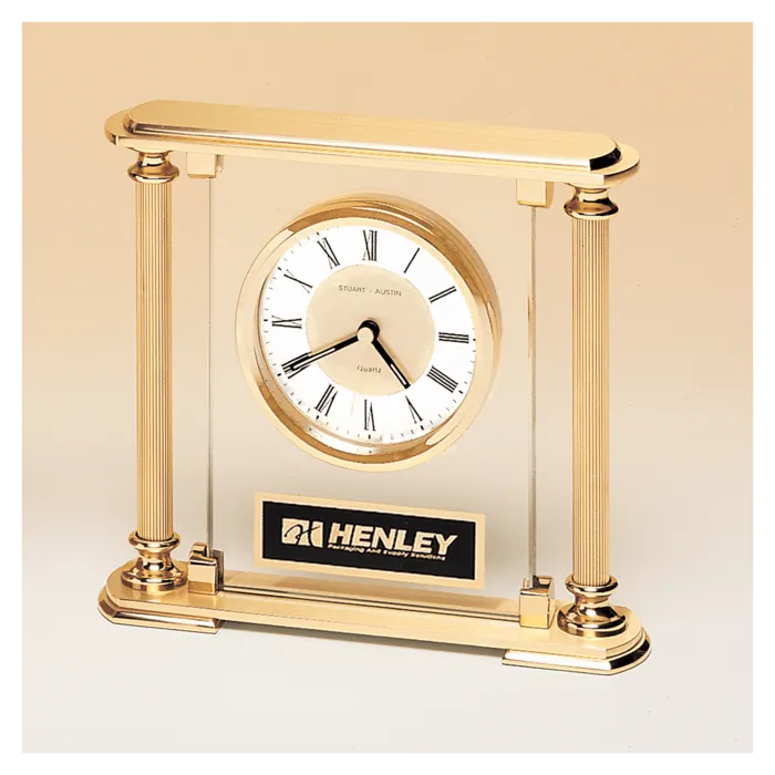 Glass Upright with Feet & Top, Metal Goldtone Columns, Diamond Spun Dial, 3 Hands with Black Plate