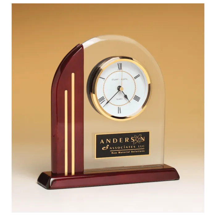 Arch Clock with Glass Upright and Rosewood Piano Finish Post and Base with Plate