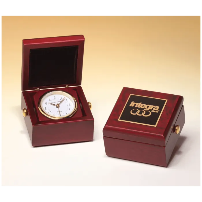Hand Rubbed Mahogany Finish Box Clock, Metal Goldtone Knobs and Velour Lined Lid with Black Plate