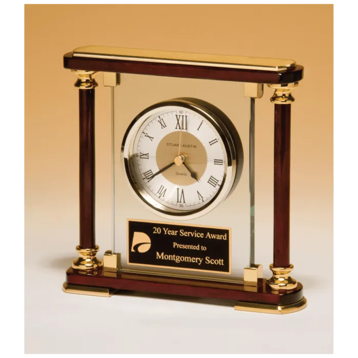 Glass and Rosewood Piano Finish Clock with Gold Metal Accents and Black Plate