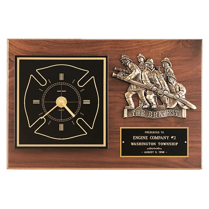 Walnut Plaque w/Gold Maltese Cross Clock/Firefighter Relief/Black and Brass Plate