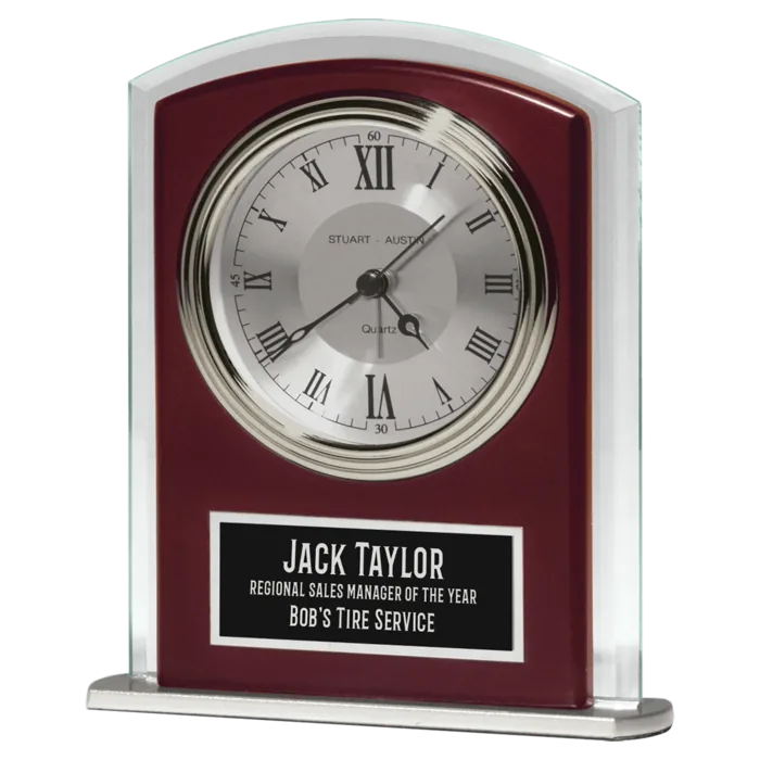 Rosewood Matte Finish Clock, Beveled Glass with Wood Accent, Silver Bezel and 3 Hand Movement, Black Plate