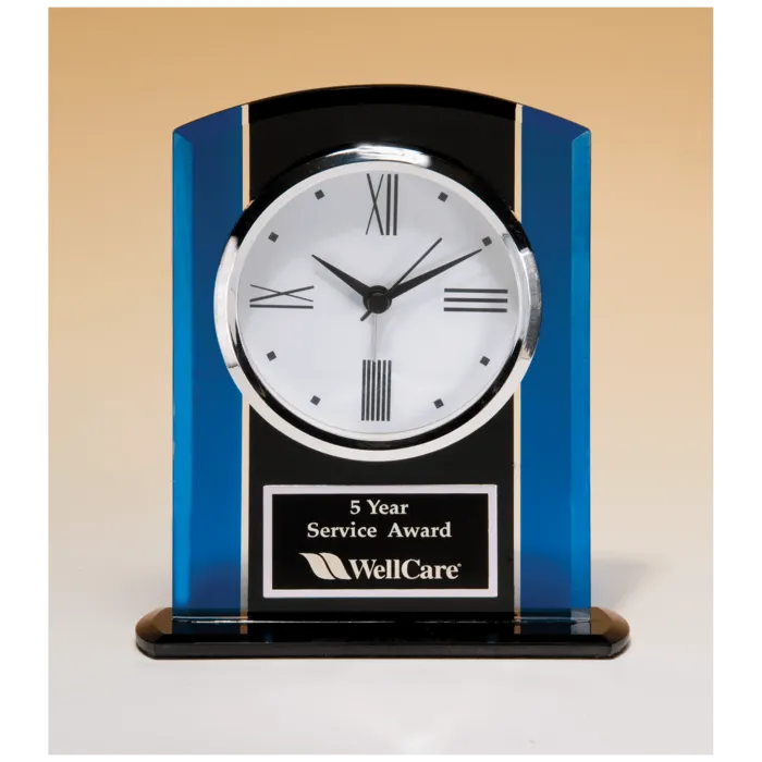 Black & Blue Glass Clock, Silver Bezel, Three Hand Movement with Black Plate