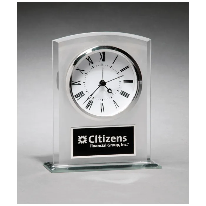 Glass Clock with Frosted Top, Polished Edge and Base with Black Plate