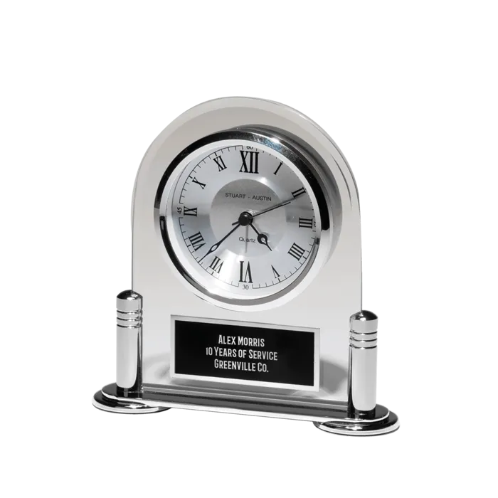 Desk Clock with Beveled Glass Upright, Silver Metal Base, 3 Hand Movement Black Plate