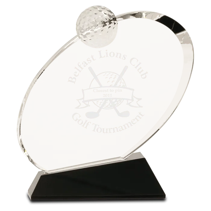 6" Clear Crystal Oblong Golf Award on Black Crystal Base