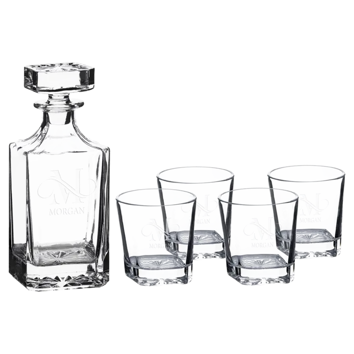 Polar Camel 750 mL Square Glass Decanter Set with Four 11 oz. Rocks Glasses in Black Gift Box with Printed Paper Sleeve