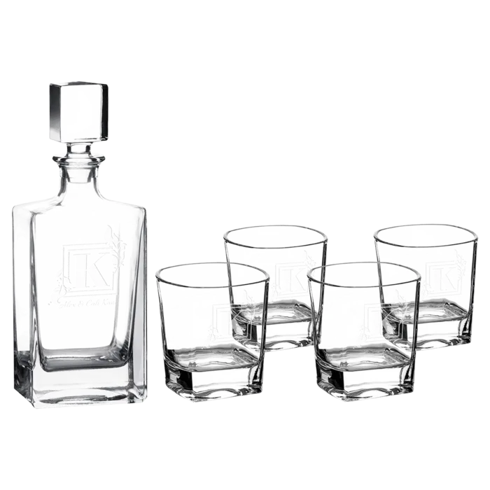 Polar Camel 810 mL Rectangle Glass Decanter Set with Four 8 oz. Rocks Glasses in Black Gift Box with Printed Paper Sleeve