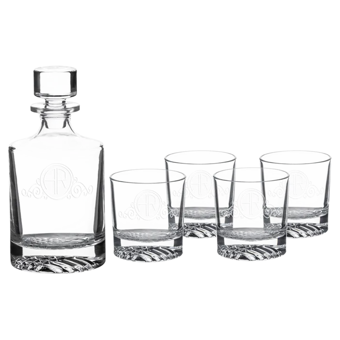 Polar Camel 850 mL Round Glass Decanter Set with Four 9 oz. Rocks Glasses in Black Gift Box with Printed Paper Sleeve