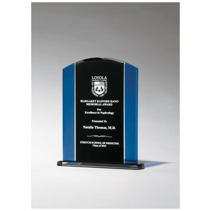 Clear Glass with Blue/Black Silkscreened Upright and Black Screened Base with Felt Bottom