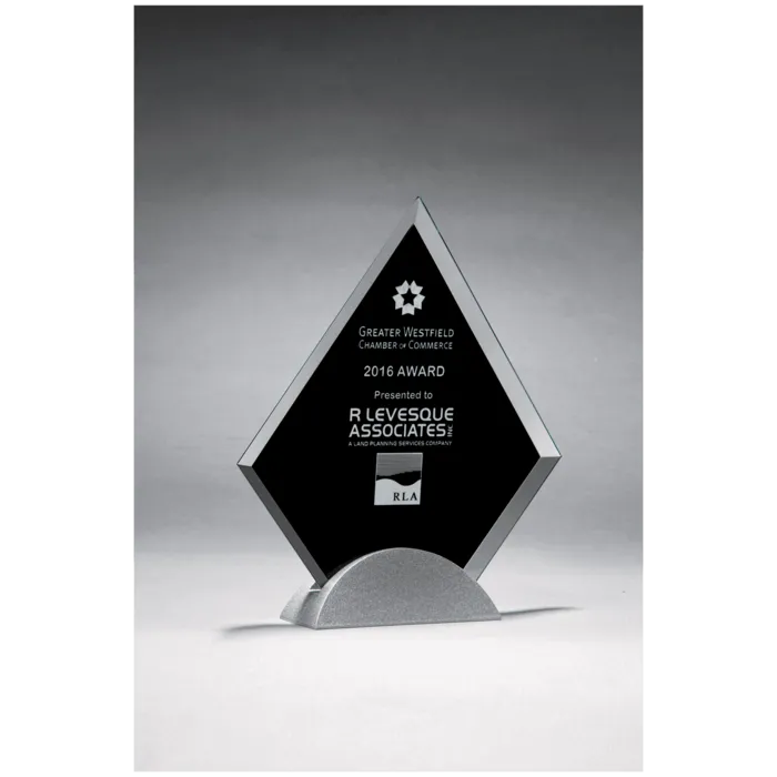 Diamond Shaped Glass Award, Black Silkscreen on Silver Metal Base