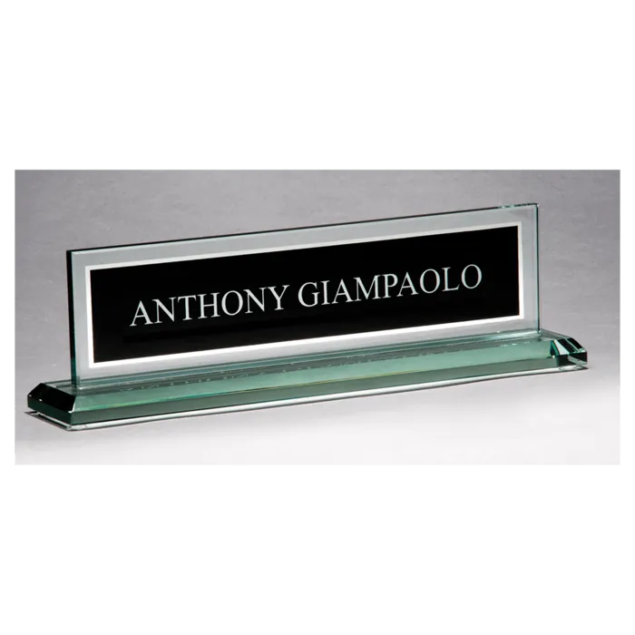 Glass Name Plate w/Black Silkscreened Engraving Area, Mirror Border