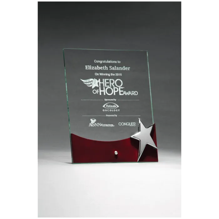 Freestanding Glass Award with High Gloss Rosewood Accent and Silver Star
