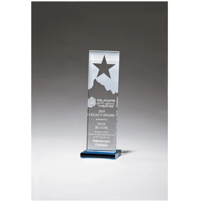 Etched Clear Glass Award with Star and Mountain Peak on Blue Glass Base