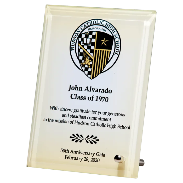 Sublimated Glass Plaque with Silver Post for Portrait or Landscape Prsentation