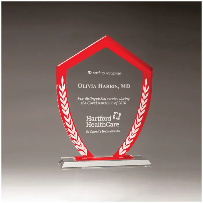 Shield Shaped Glass Award with Red Border and White Laurel Leaves