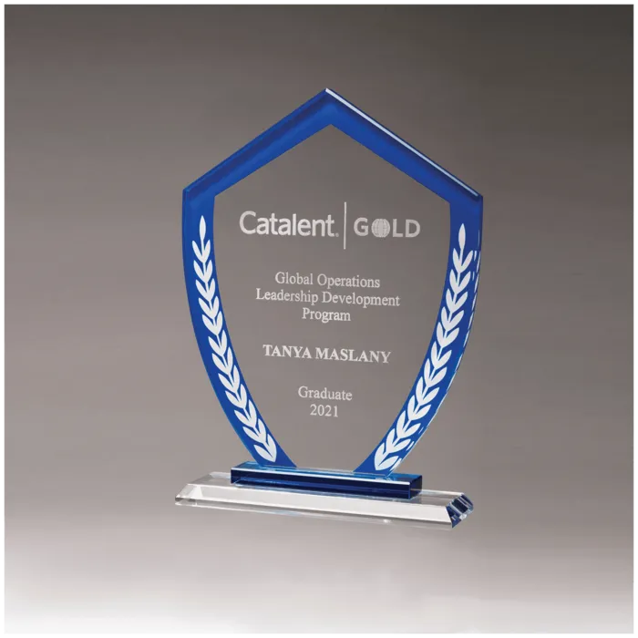 Shield Shaped Glass Award with Blue Border and White Laurel Leaves