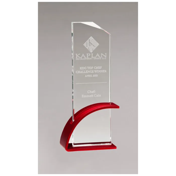 Thick Red Contemporary Clear Glass Award, Arched Base with Matte Metallic Finish